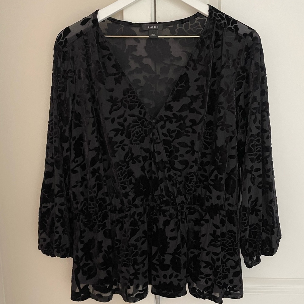 Halogen Flocked Floral Black Peplum Top, 3/4 Sleeve, Elastic Waist Blouse V-Neck